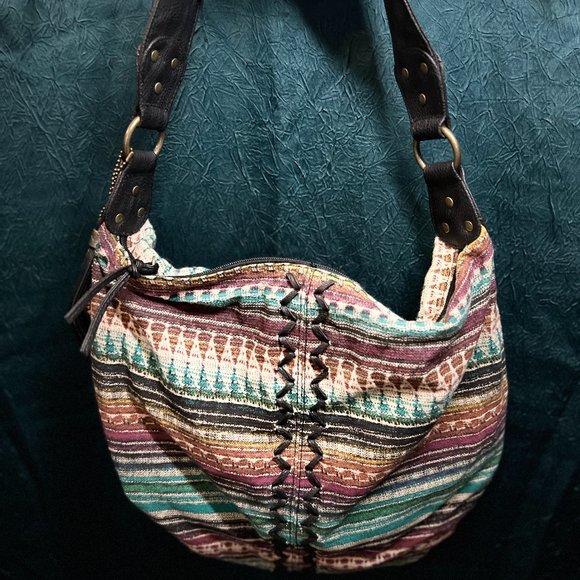 Roxy Vintage Hobo Bag Tribal Print Leather Straps Metal Rings - Picture 1 of 6